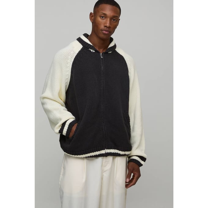 Oversized Chunky Knitted Bomber Jacket | Ecru | Size Medium