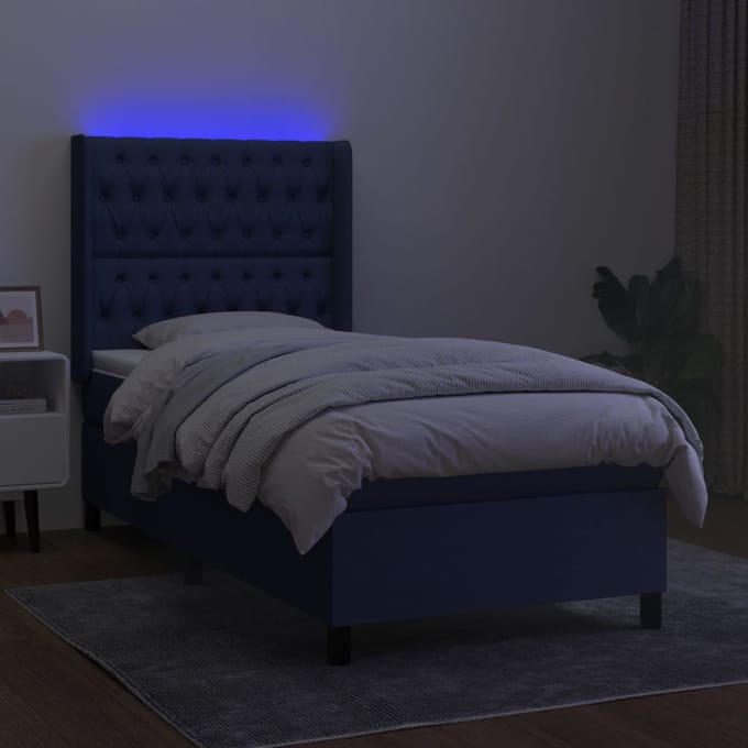 vidaXL - Boxspring - met - matras - en - LED - stof - blauw - 90x200 - cm