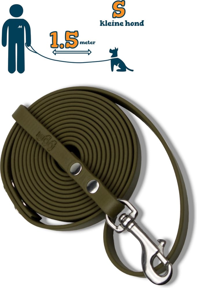 Miqdi hondenriem - BioThane – olijfgroen – 1.5 meter lang – 9mm breed – XS/S – kleine hond