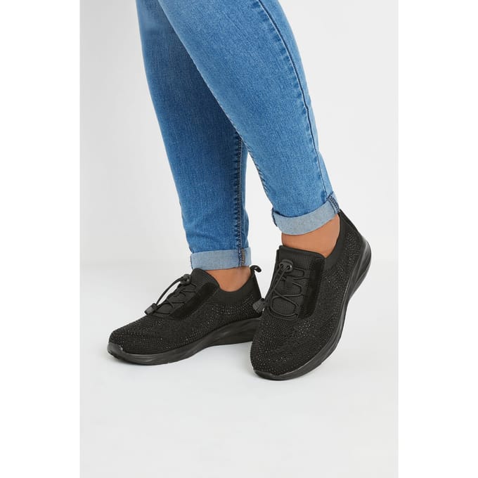 Yours Zwarte, Met Diamantjes Versierde Trekkoordsneakers In Extra Brede Eeepasvormsize 37EEE