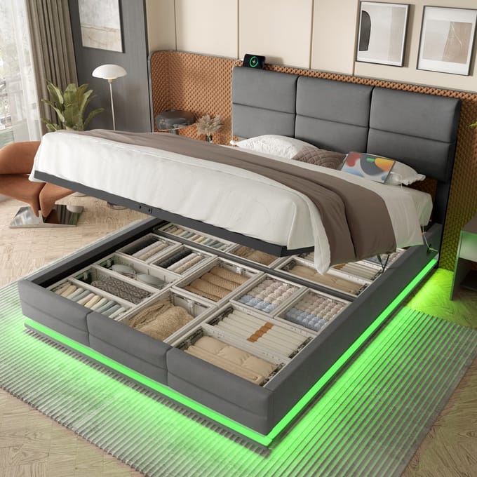 MODFU Bedframe 180x200 cm – Verstelbaar hoofdbord (3 standen) – LED & USB/Type-C – Hydraulisch – Donkergrijs fluweel