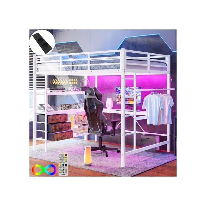 Verhoogd slaapgedeelte - MUVOE - 140x200 cm - Sfeerverlichting - Bureau met USB - 3 lades wit