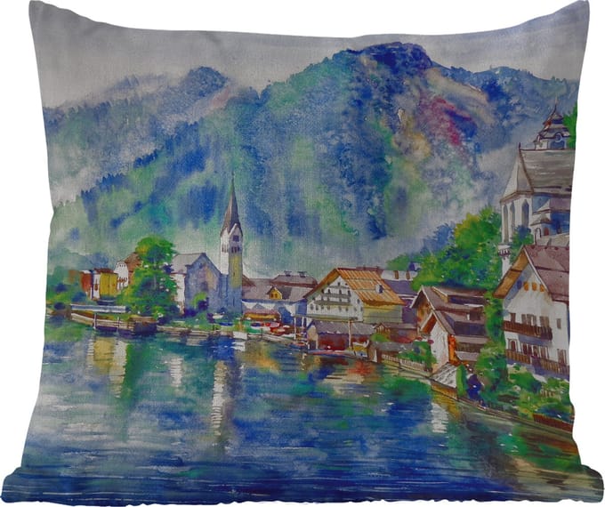 Buitenkussen - Schilderij - Olieverf - Huis - Bergen - Water - 45x45 cm - Weerbestendig