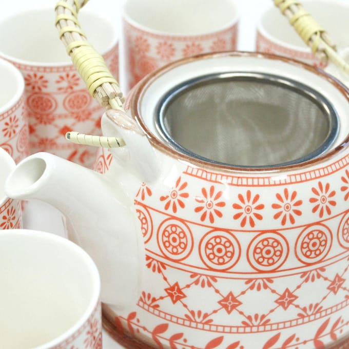 Kruidenthee Servies - Roze - Theepot Met Metalen Zeef + 6 kopjes