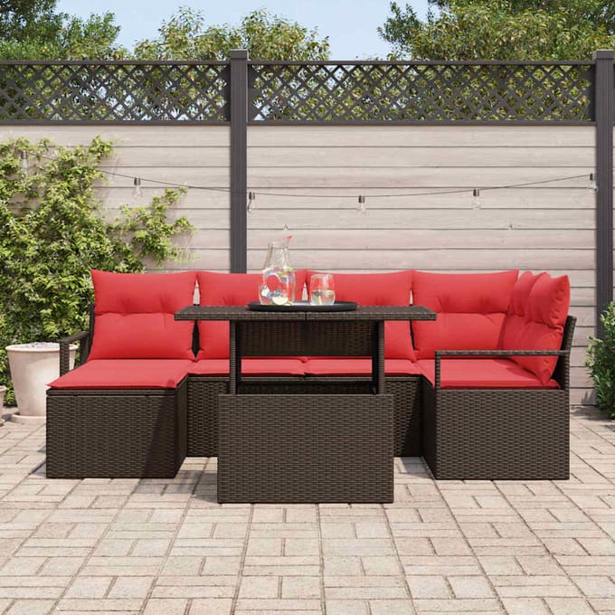 vidaXL - Tuinbank - Set - 7 - st - Bruin - en - Rood - Poly - rattan