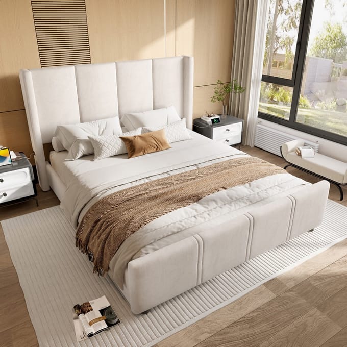 Sweiko Tweepersoonsbed - 140 x 200 cm - USB-aansluiting - Velvet - Beige