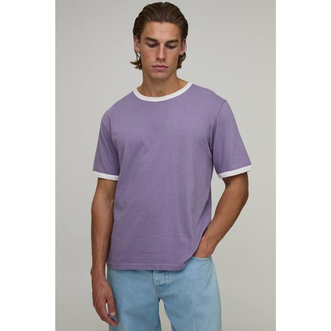 Regular Fit Vintage Wash Ringer T-shirt | Purple | Size Small