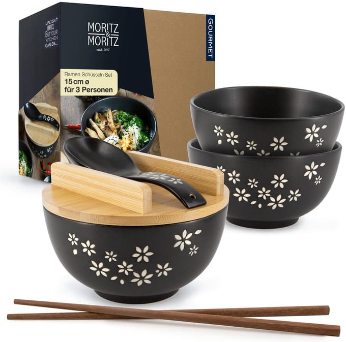 Moritz & Moritz 3-delige Ramen Bowl Zwart - voor 3 Persoons met Soeplepels & Eetstokjes