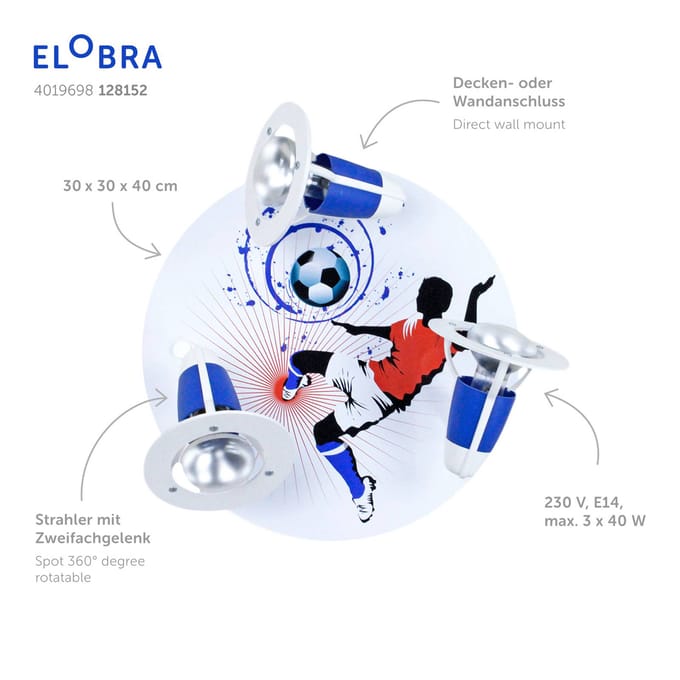 Elobra Plafondlamp Soccer, 3-lamps, blauw-wit