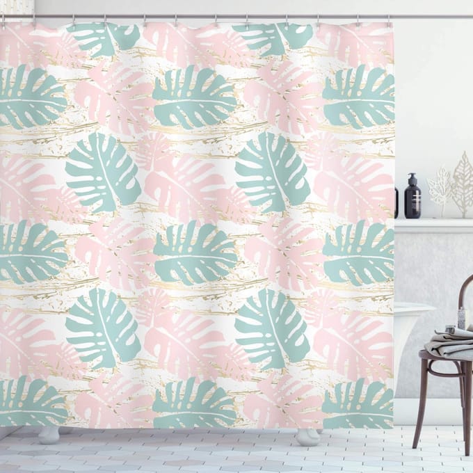 ABAKUHAUS Douchegordijn – Wit/Multicolor Monstera – 175x180 cm