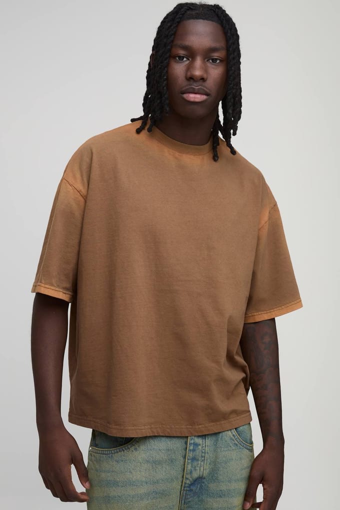 Oversized Gekrompen Spray Naad Wash T-shirt | Chocolate | Size Medium