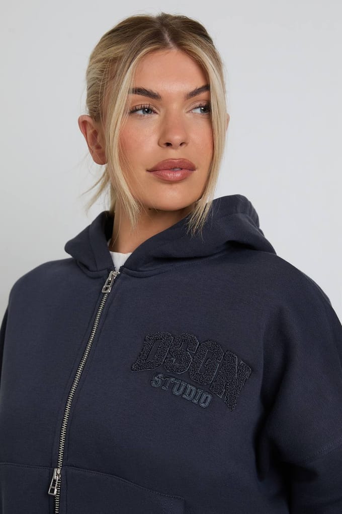 Dames Dsgn Studio Badstof Applicatie Hoodie Met Rits | Midnight Blue | Maat: Medium
