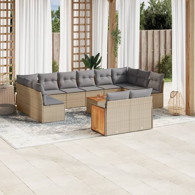 vidaXL - 13-delige - Loungeset - met - kussens - poly - rattan - beige