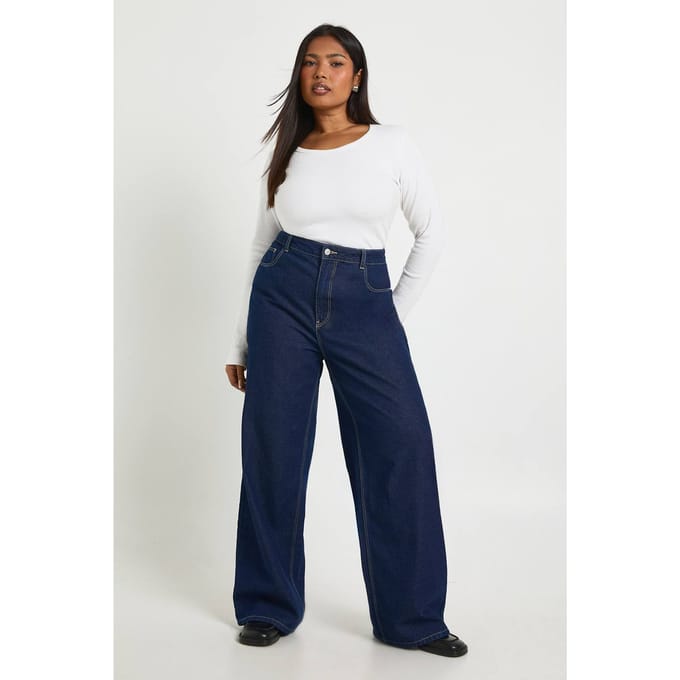 boohoo Dames Plus Hoge Taille Wijde Pijpen Jeans | Indigo | Maat: 16