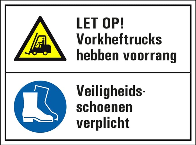 Voorrang heftrucks en veiligheidsschoenen verplicht bord 200 x 150 mm