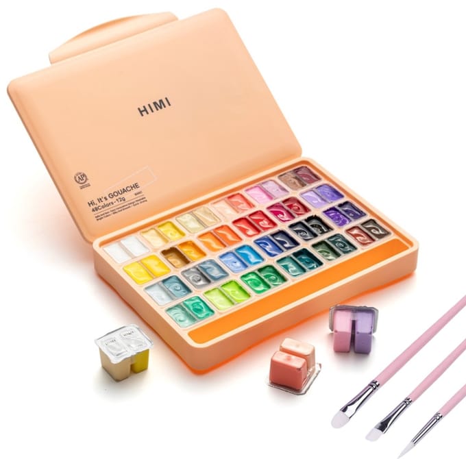 HIMI - Gouache - Twin split cups - set van 48 kleuren - 12g - 3 penselen - Peach Fuzz
