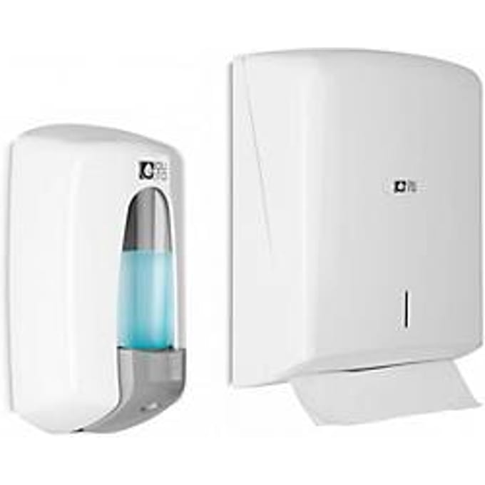 Voordeelset handdoek- + zeepdispenser, ABS kunststof, wit