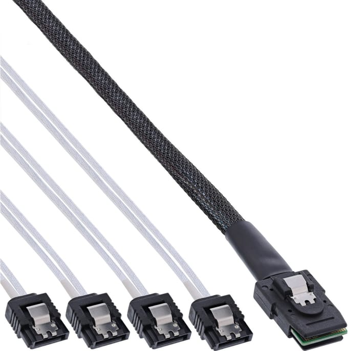 InLine® SAS verbindingskabel, Mini-SAS SFF-8087 naar 4x SATA, 1:1, OCR, 0,5m