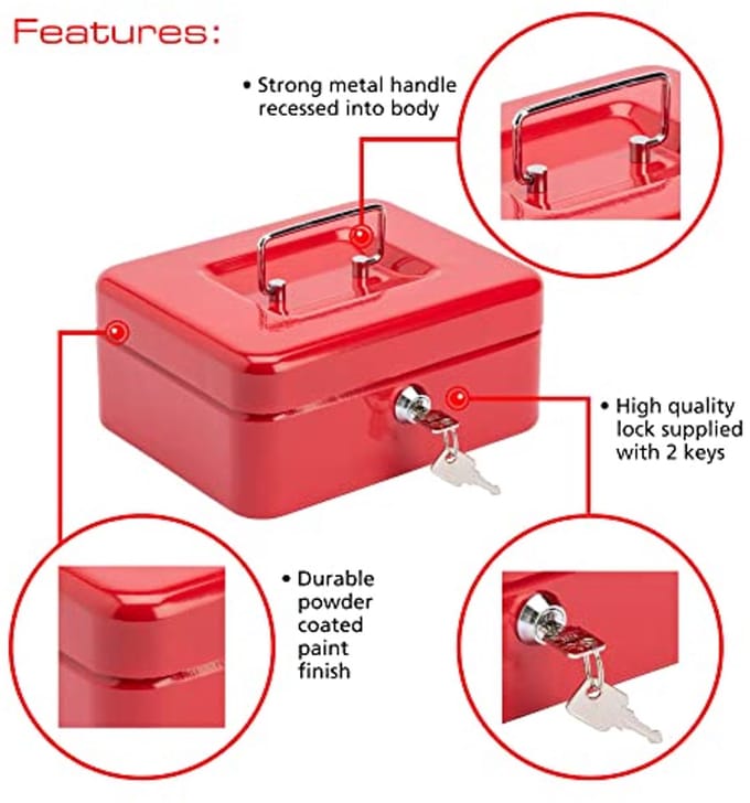 Contante Geldkist - Rood, 8 Inch met Combinatieslot