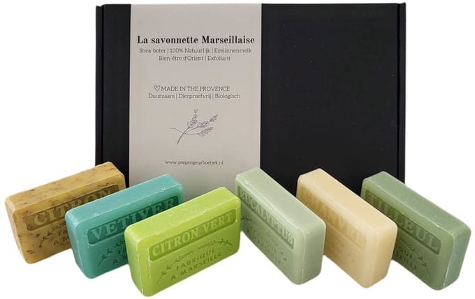 Marseille zeep bar cadeauset: Vetiver, Citron Vert, Tilleul,Chanvre, Eucalyptus, Citron broyé