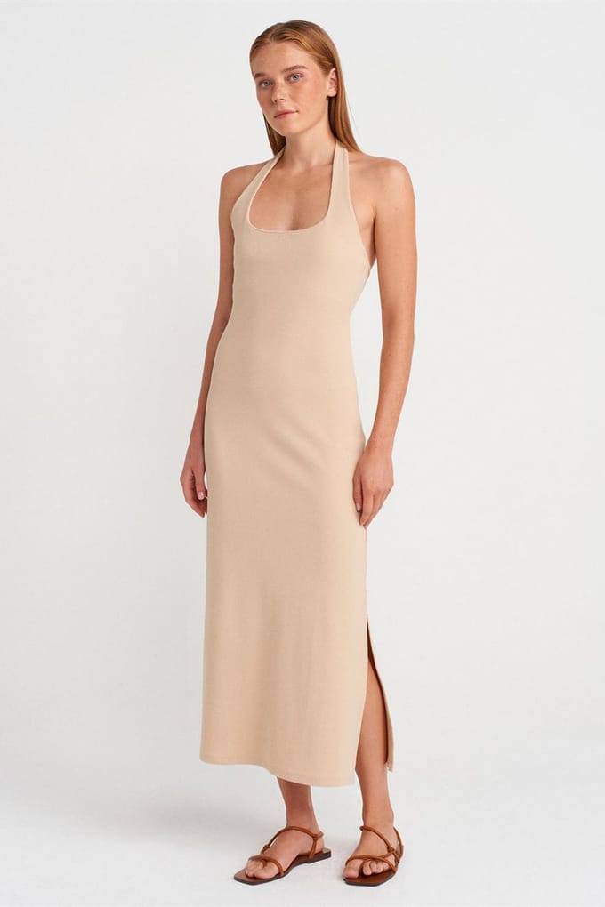 Geribde Halter Midi-jurk met Split