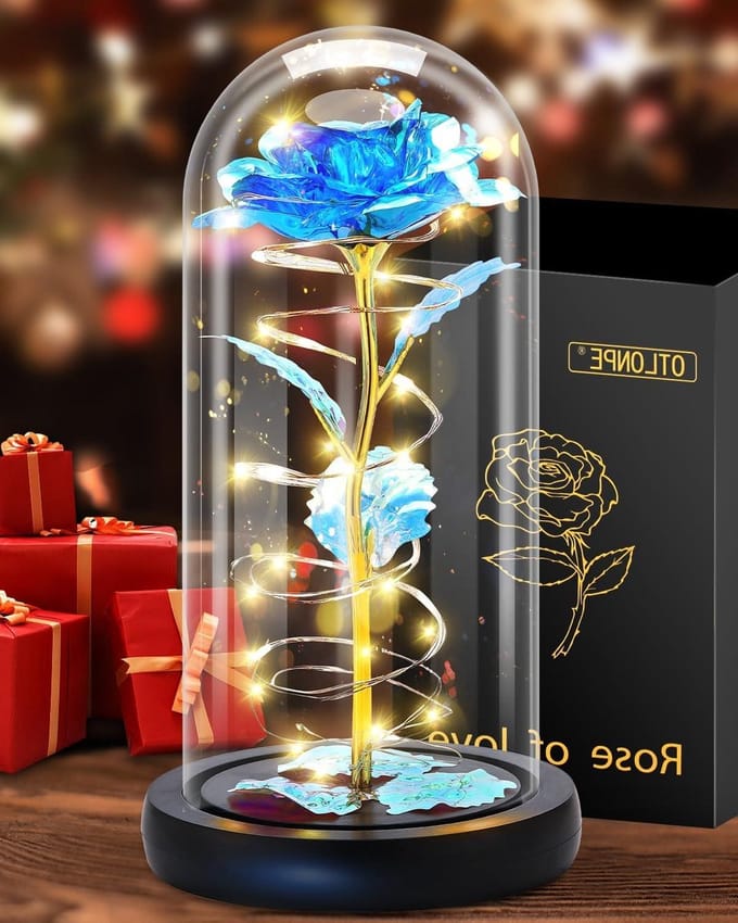 Galaxy Roos - Eeuwige Bloem - Cadeau Geven - Met LED Verlichting - 260 Gram - Blauw