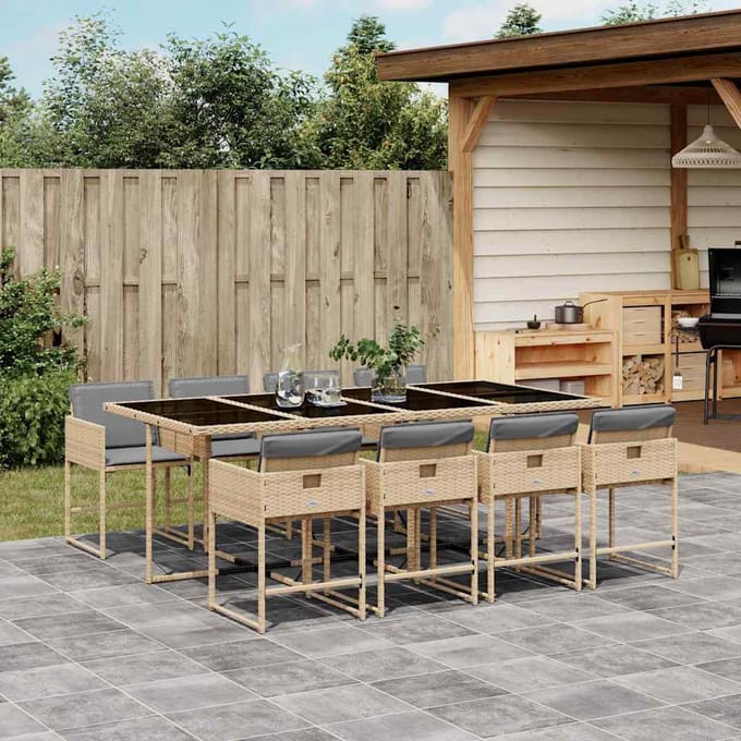 vidaXL - 9-delige - Tuinset - met - kussens - poly - rattan - gemengd - beige