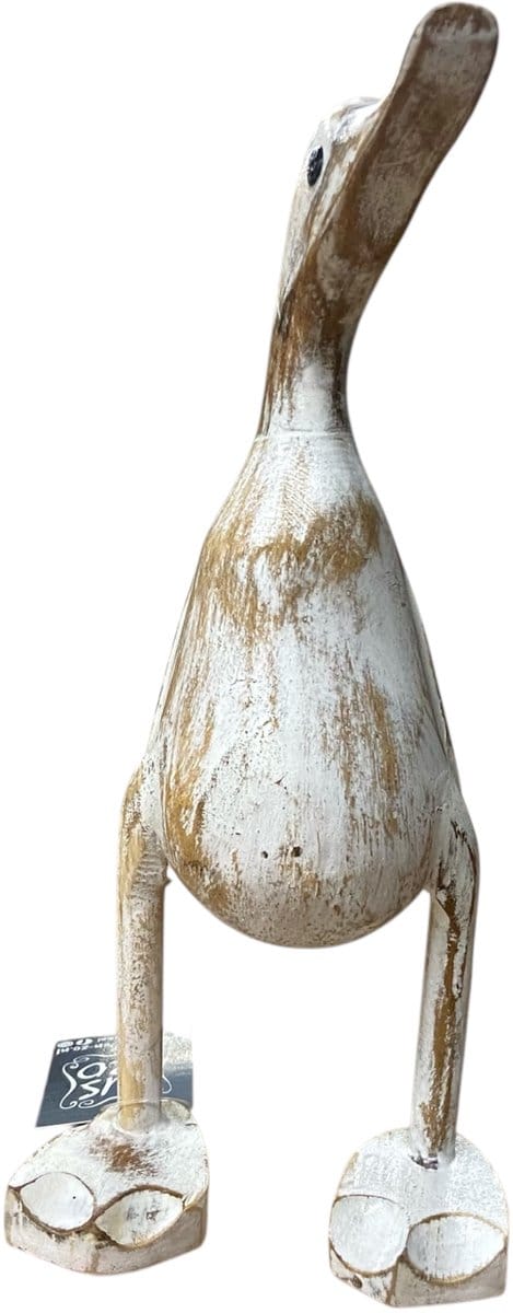 Handgemaakte Houten Eend “Bebek” Wit – Indonesische Decoratieve Eend met Witte Poten (H24 × B10 cm)
