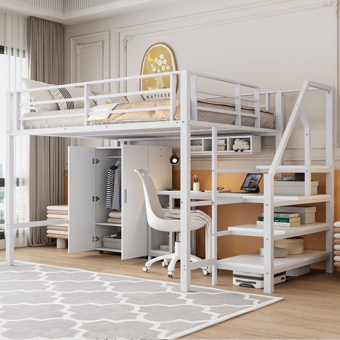 Hoogslaper - 140x200 cm - Bed met Kledingkast en Bureau - Opbergtrap en Planken - Wit