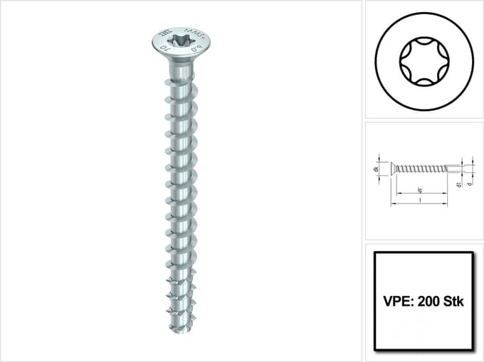 Heco betonschroef [200 st] - 5,0 x 60 - T25 - Multi-Monti-plus - 54267