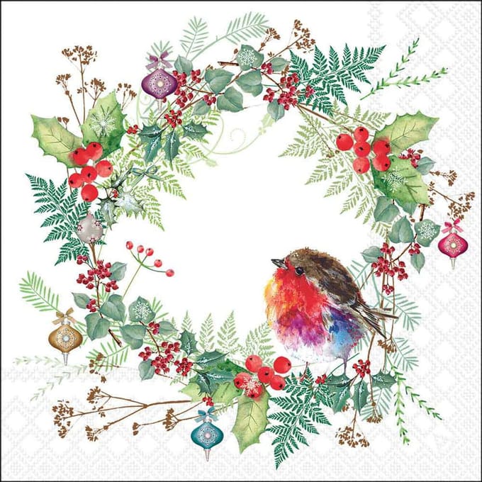 Servetten "Robin's wreath white" 33x33 cm