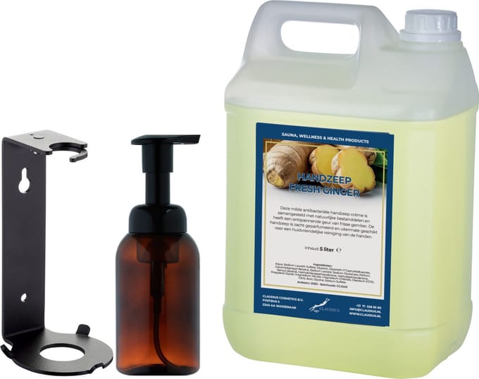 Zeepdispenser 300 ml amber bruin hervulbaar + 5 liter Handzeep Fresh Ginger navulling (inclusief beugel)