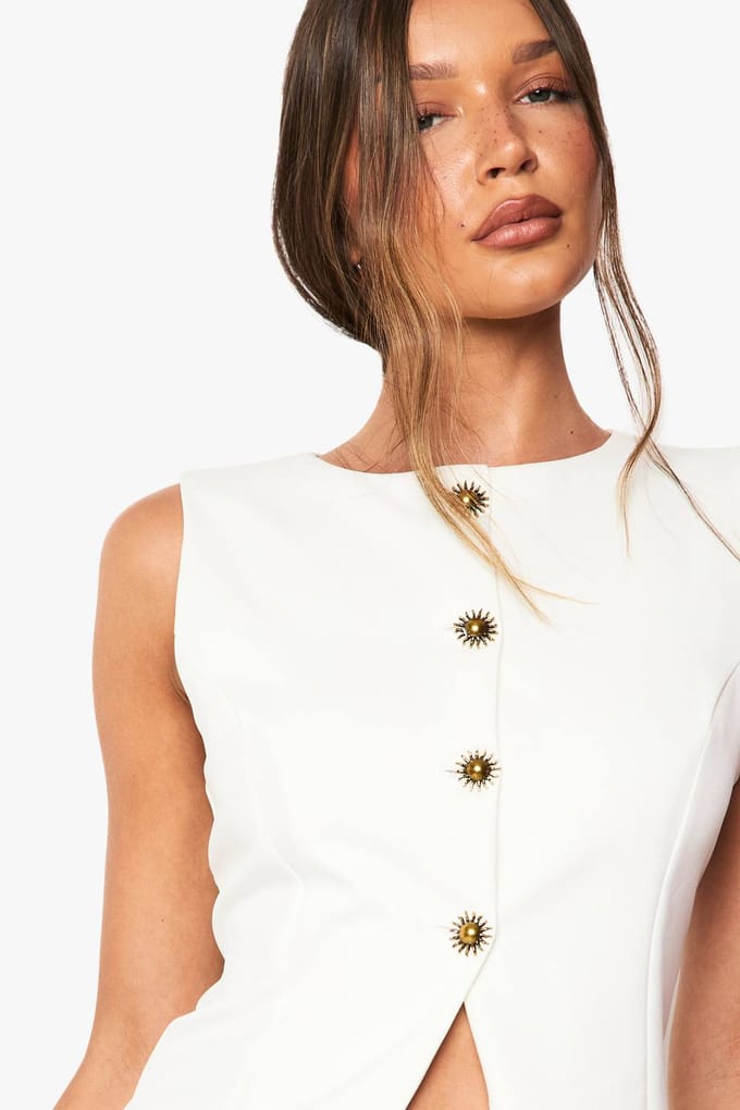 boohoo Dames Sunshine Gold Trim Getailleerd Vest | Wit | Maat: 36