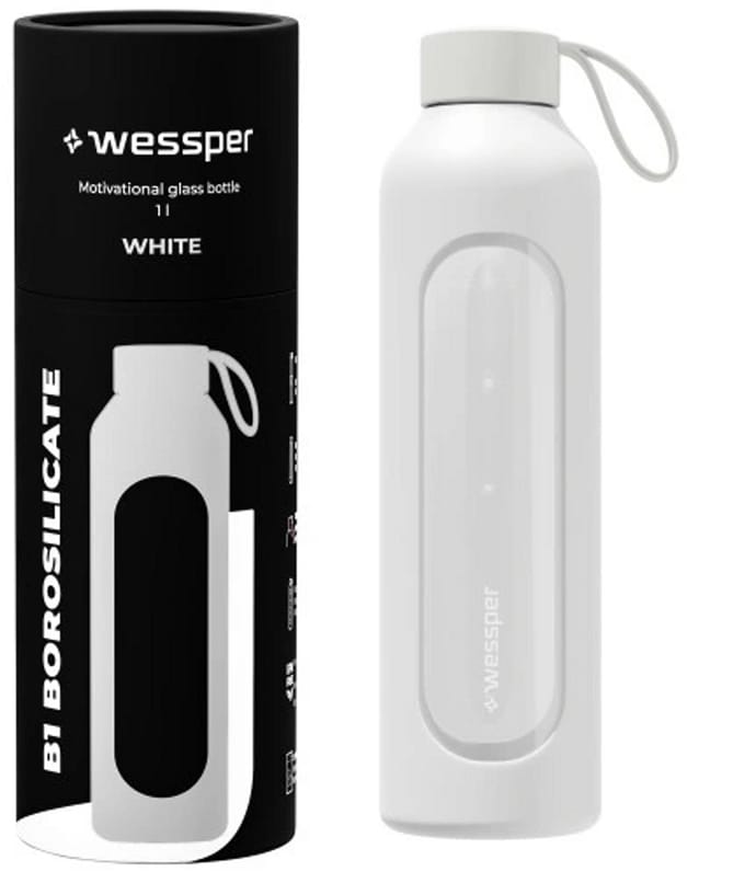 Glazen Motivatiefles 1000ml – Duurzame Waterfles in WIT
