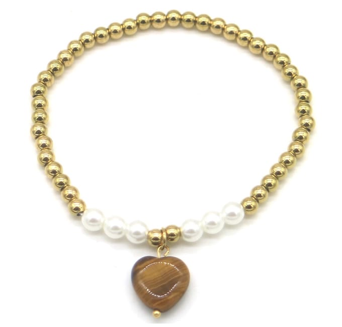 Armband - Elastisch - RVS - Goudkleurig - Hart Steen - Bruin – valentijn – cadeau