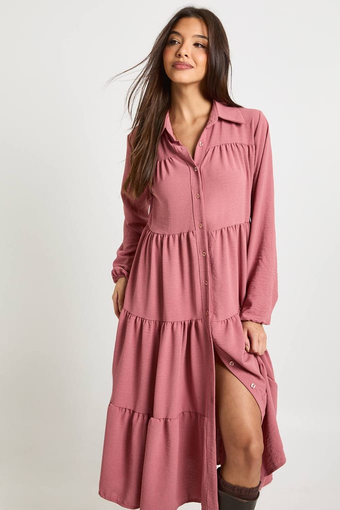 boohoo Dames Getextureerde gelaagde midi smock jurk | Desert Rose | Maat: 6