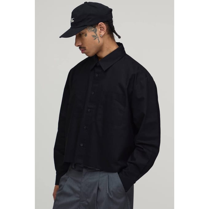 Boxy Fit Cropped Lange Mouw Oxford Shirt | Black | Size Medium