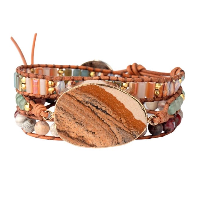Marama - wikkelarmband Brownstone - leer - edelsteen Jaspis - damesarmband