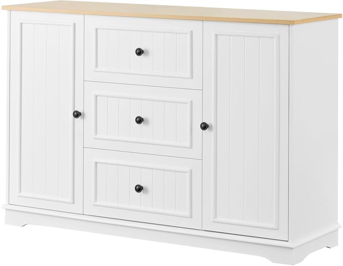 Sideboard / Buffetkast 126 cm - Wit & Houtlook - 3 Lades & Koelkastdeuren - Verstelbare Planken