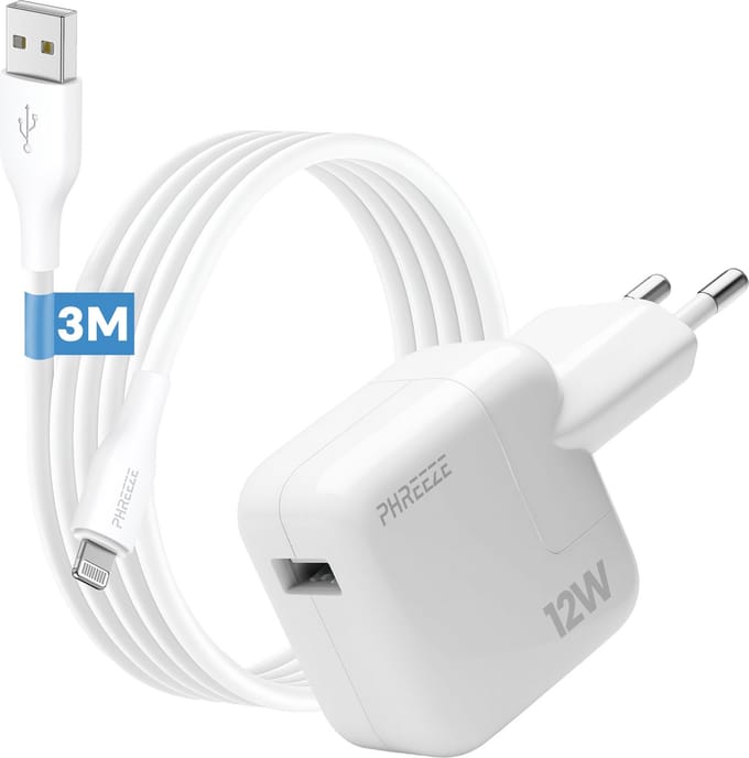 Phreeze usb power adapter 12w geschikt voor iPhone en iPad met usb A naar Lightning kabel - 3 meter - 12 W usb oplader