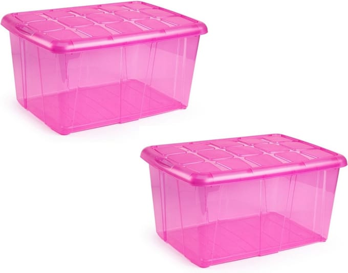Plasticforte opslagbak organizers met deksel - 2x - transparant/roze - 60 liter - kunststof