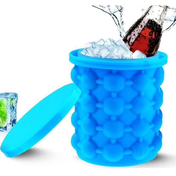 Seau à glace - 2 en 1 silicone - avec couvercle - portable - Ø14 cm bleu