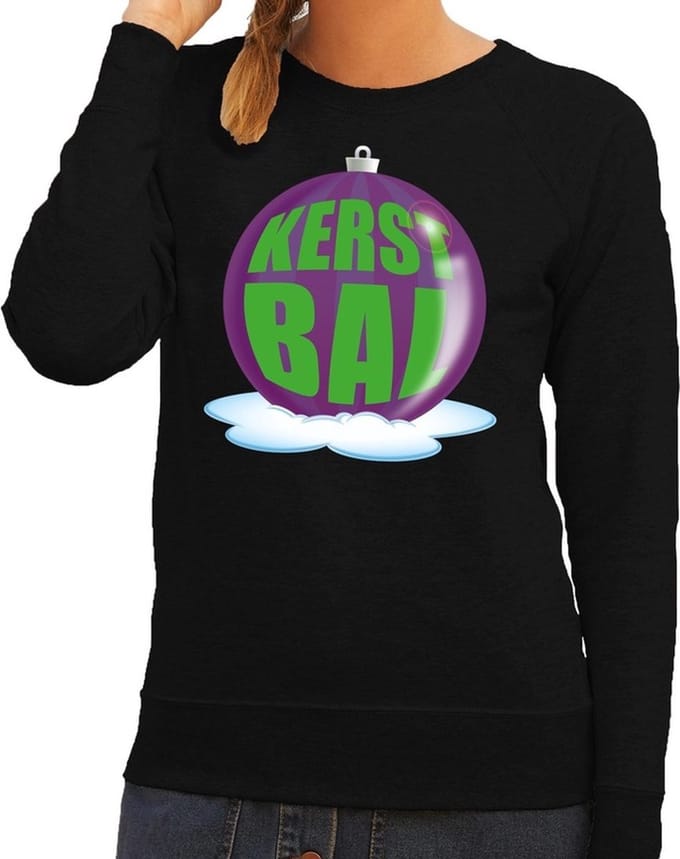 Foute kersttrui kerstbal paars op zwarte sweater voor dames - kersttruien 2XL