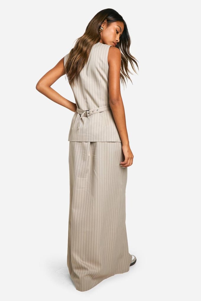 boohoo Dames Tonal Pinstripe Split Back Column Maxi Rok | Stone | Maat: 6