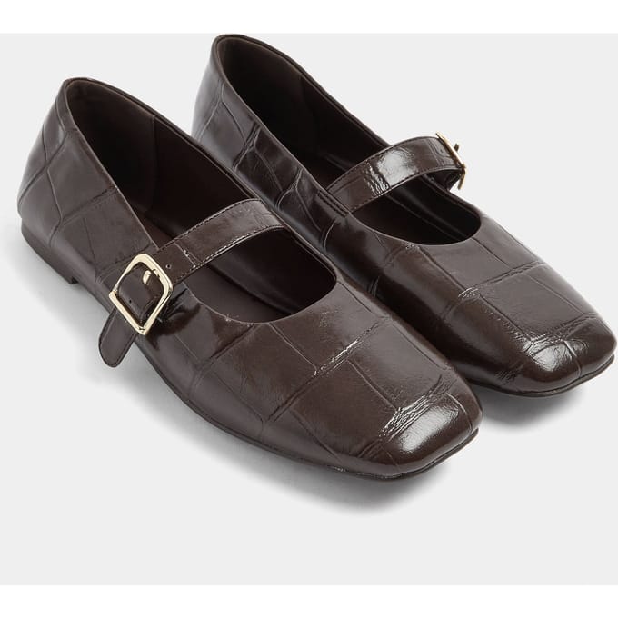Yours Chocoladebruine Krokoprint Gesp Detail Mary Jane Flats In Wide E Fitsize 42E
