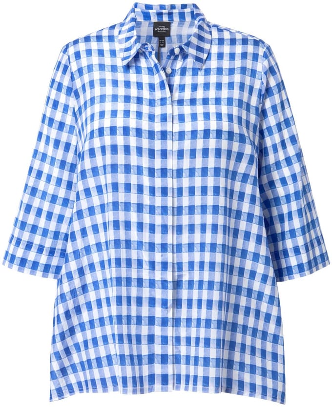 Ulla Popken - Dames - Geruite blouse puntzoom oversized overhemdkraag 3/4-mouwen - Sneeuwwit - Maat 46+