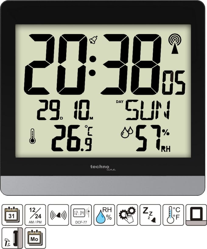 Digitale radiogestuurde wandklok / tafelklok - Thermometer / Hygrometer - Datum - snooze functie Technoline WS 8014