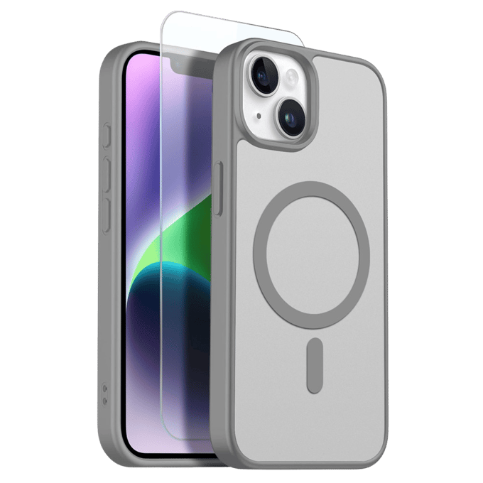 Northjo 2-in-1 iPhone 14 Hoesje – Shockproof, MagSafe + Screenprotector Grijs