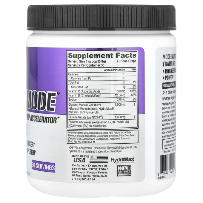 EVLution Nutrition, PumpMode, Accélérateur de Pompe Sans Stimulant, Raisin Furieux, 6,14 oz (174 grammes)