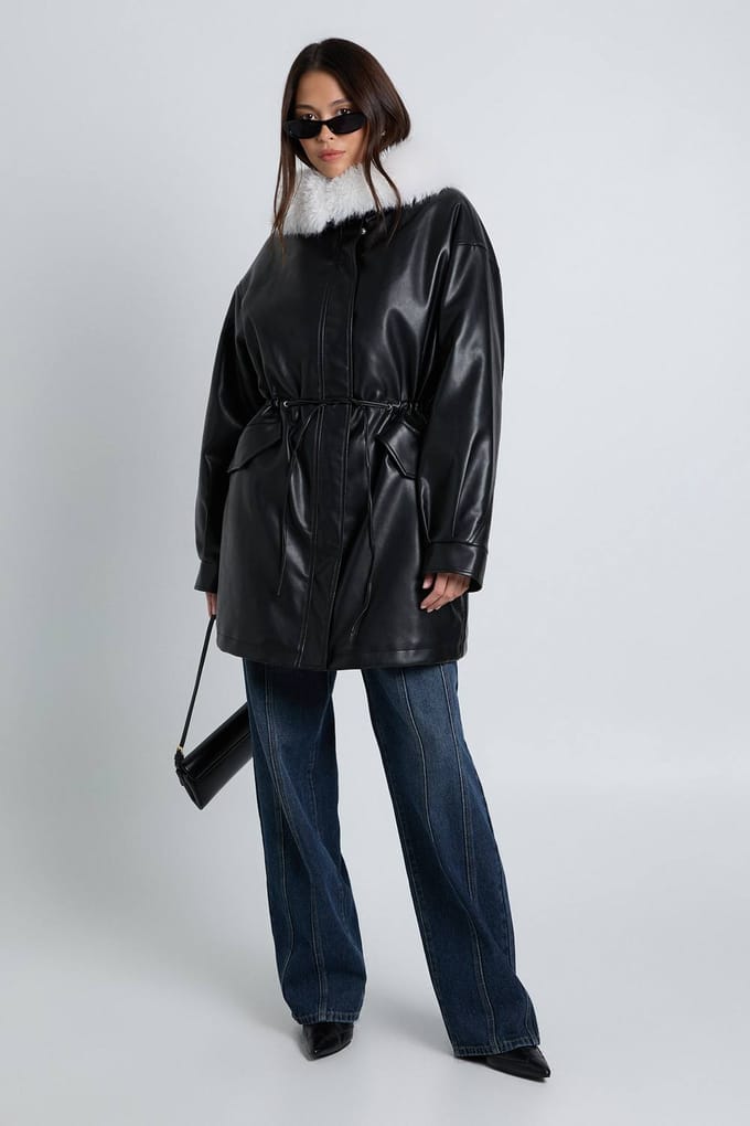 boohoo Dames PU-jas met bontkraag | Black | Maat: 10